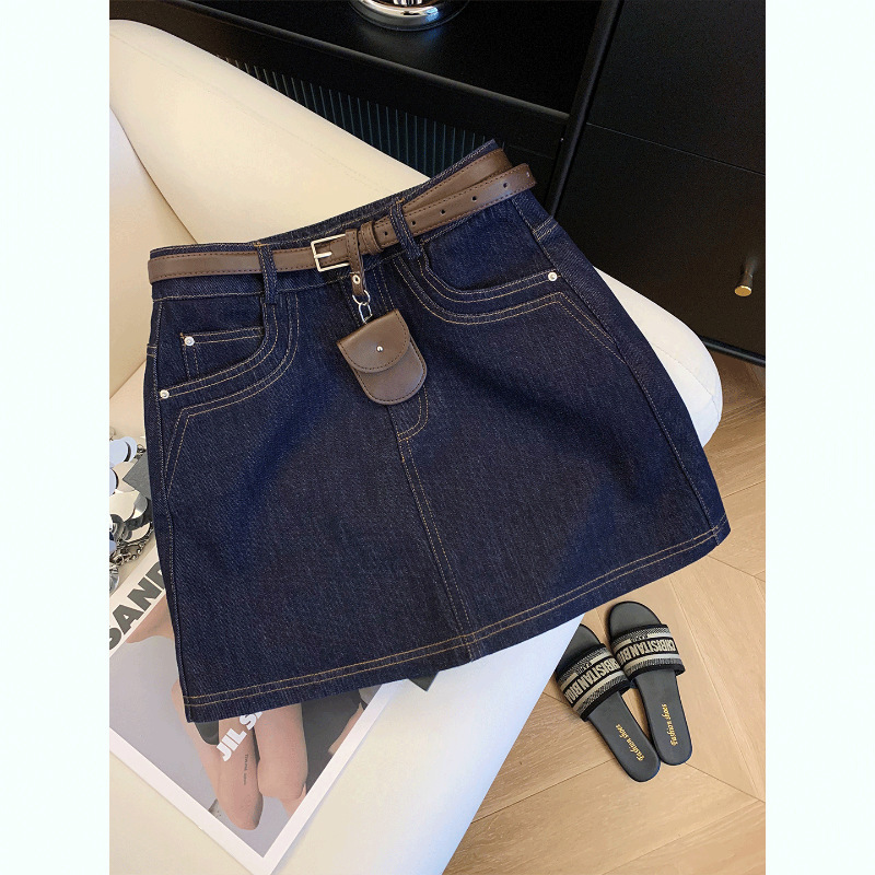 Dark Blue A-Line Denim Skirt for Women, Summer Style with Belt, Petite Hot Girl Style, Hip-Hugging Short Skirt, Versatile and Slimming Dark Blue A-Line Denim Skirt for Women, Summer Style with Belt, Petite Hot Girl Style, Hip-Hugging Short Skirt, Versatile and Slimming