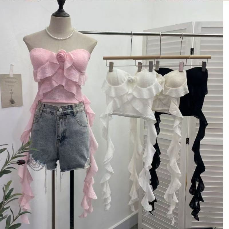 1919 Pure Desire Hot Girl Camisole Ruffled Flower Decorative Short Chest Wrap Backless Outer Top 1919 Pure Desire Hot Girl Camisole Ruffled Flower Decorative Short Chest Wrap Backless Outer Top