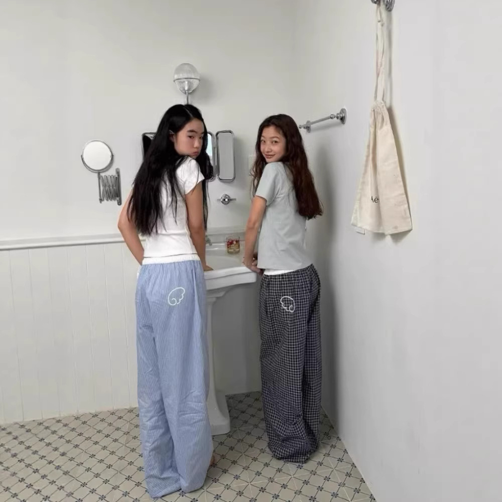 现 韩国设计师ae*e格子天使翅膀印花直筒裤拼接抽绳休闲裤韩系女