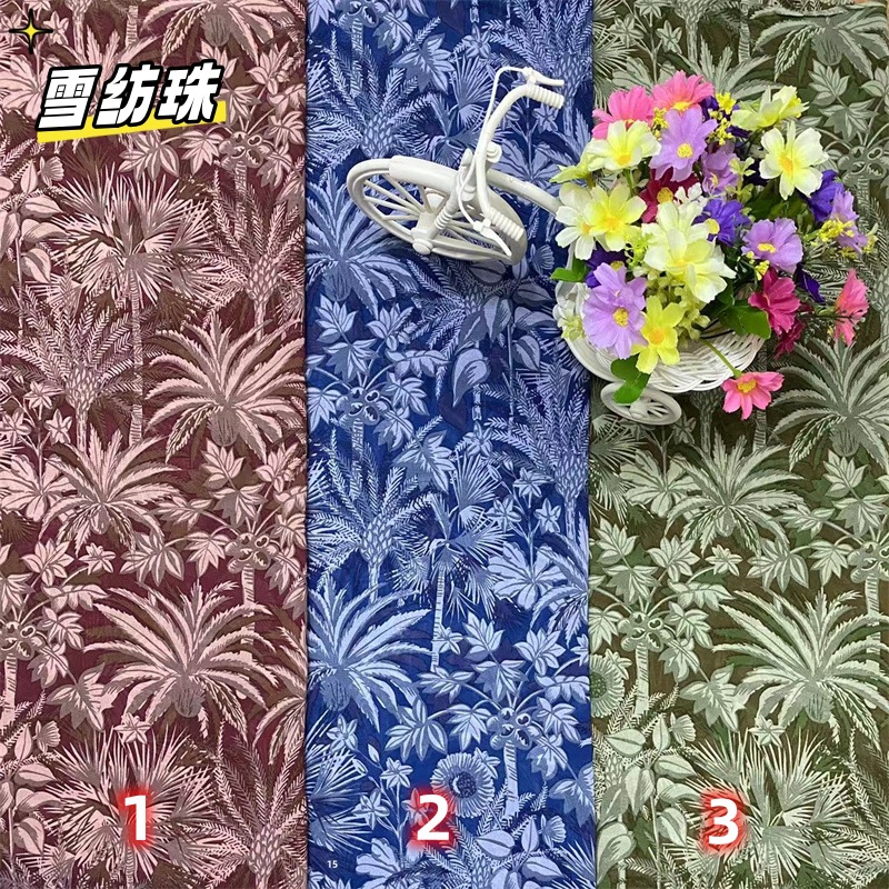 爆款透底珍珠雪纺印花面料童装女装国风连衣裙长短裙上衣服装布料