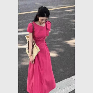 2026夏季新款长裙名媛富家千金法式高级感玫红色连衣裙毕业小礼裙
