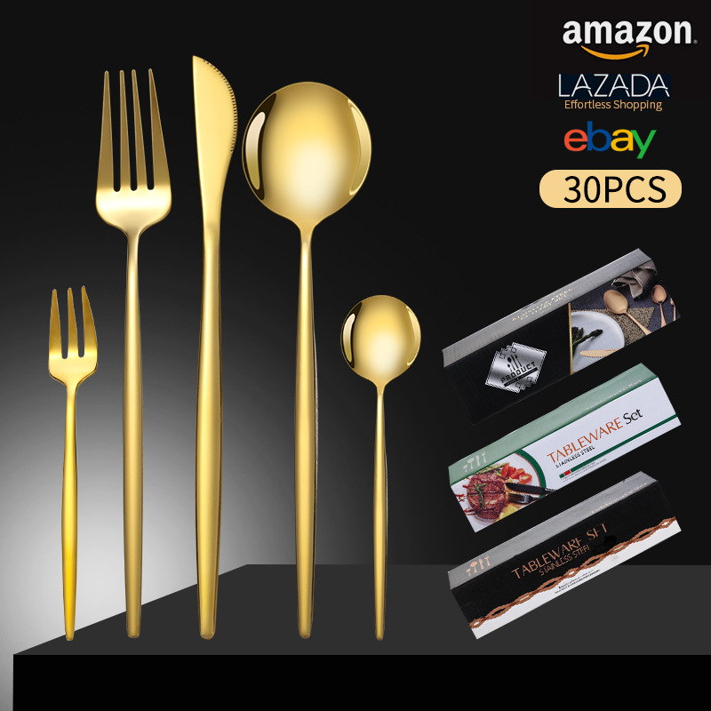 Cruz-Frontera de acero inoxidable vajilla portugués cuchillo y tenedor conjunto de 30 piezas de comida occidental cuchillo de filete de oro y cuchara de la caja de regalo