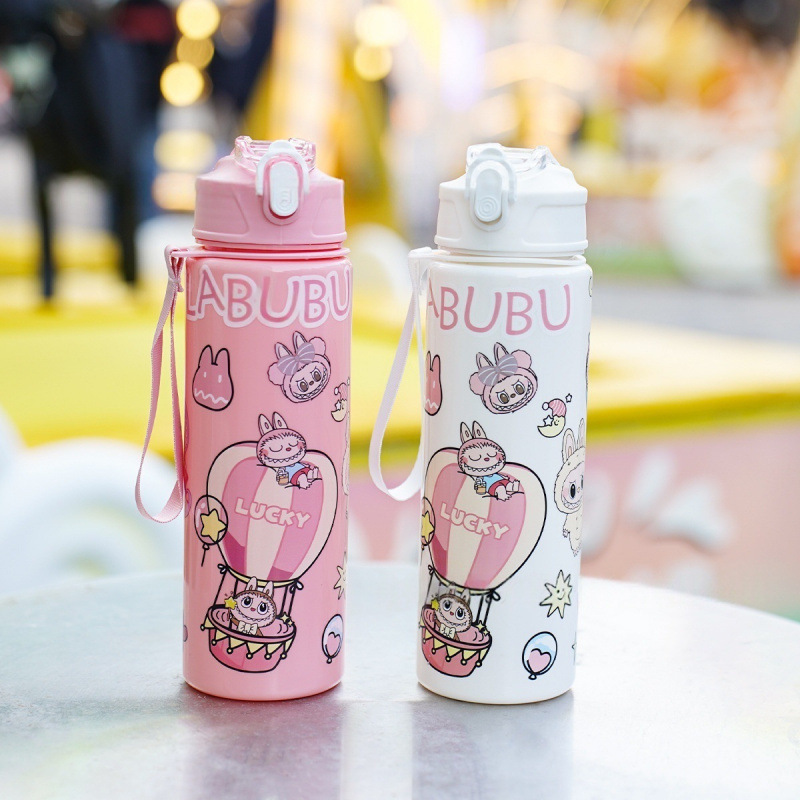 网红爆款labubu可爱儿童吸管杯高颜值学生带提绳拉布布水杯|undefined