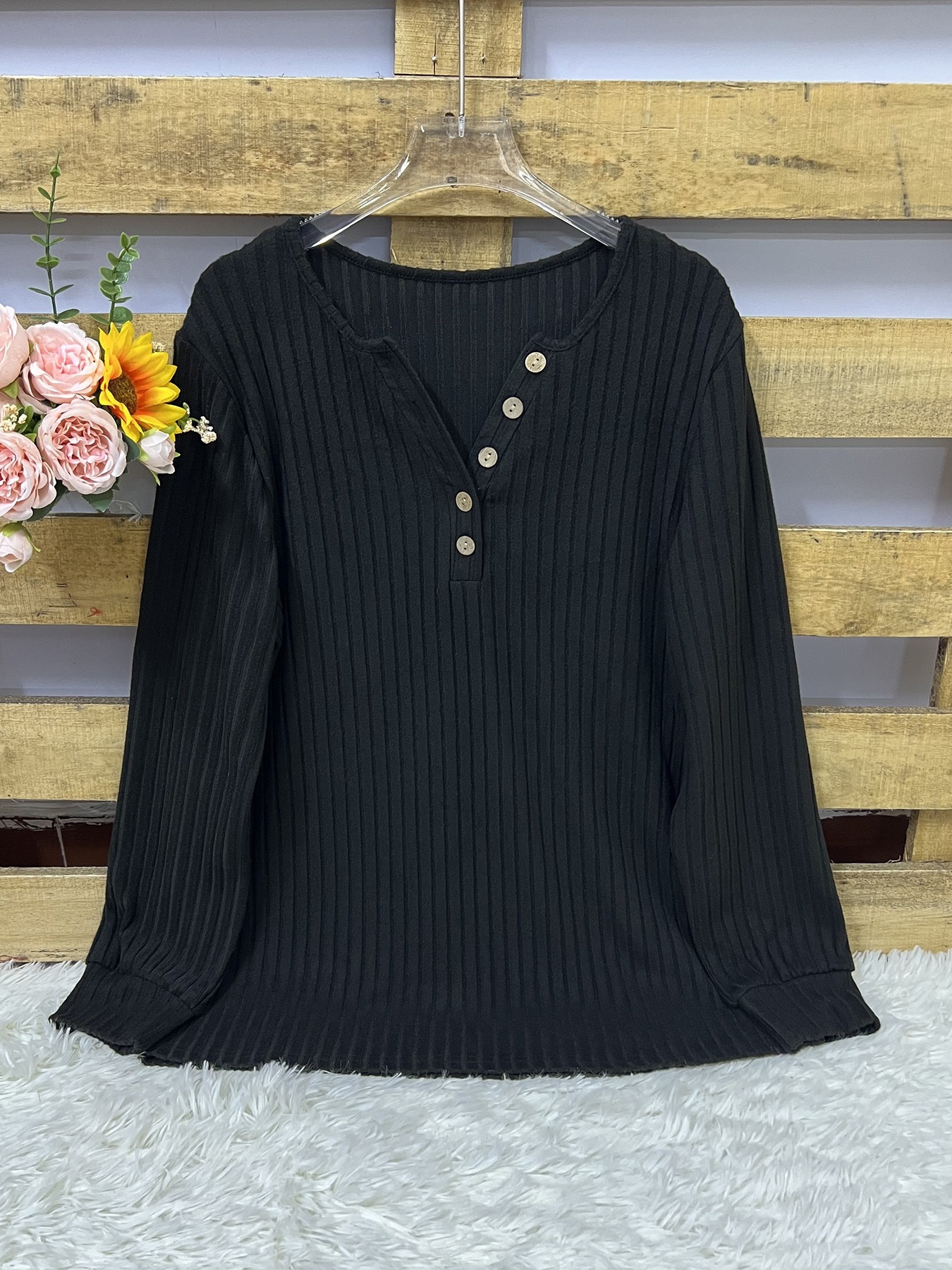 Women's Clothing Round Neck Casual Knitted T-Shirt Long Sleeve Button Detail Autumn/Winter_ecoleips.com