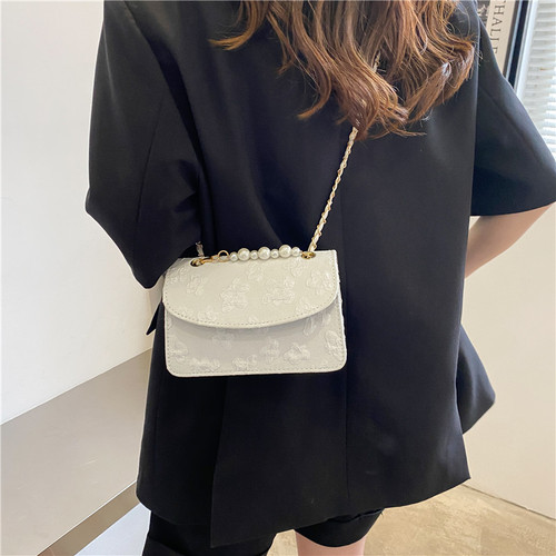 Summer new women's bag trendy fashion pearl handbag silk printed small square bag chain shoulder crossbody bag