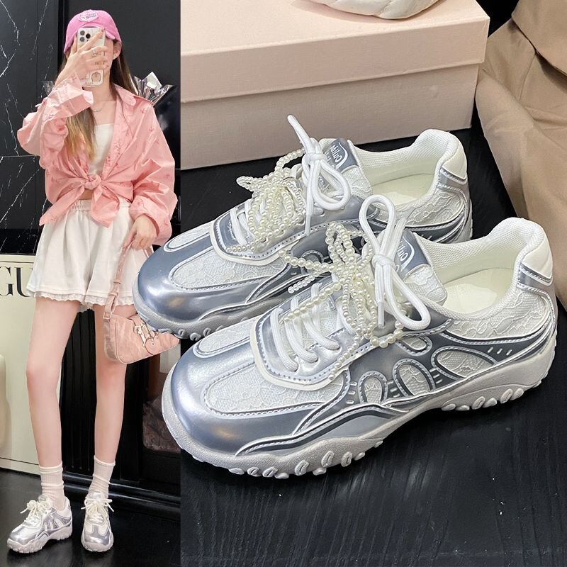 Pearl Summer Women's Shoes 2026 New Thick-Soled Crescent Sole Height-Increasing Lace Spring Sports Casual German Training Shoes