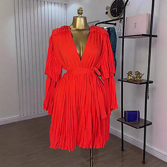 Summer New Arrival Women's Clothing Solid Color Fashion Dress V Neck Chiffon Pleated Tie Batwing Sleeve American Style_ecoleips.com