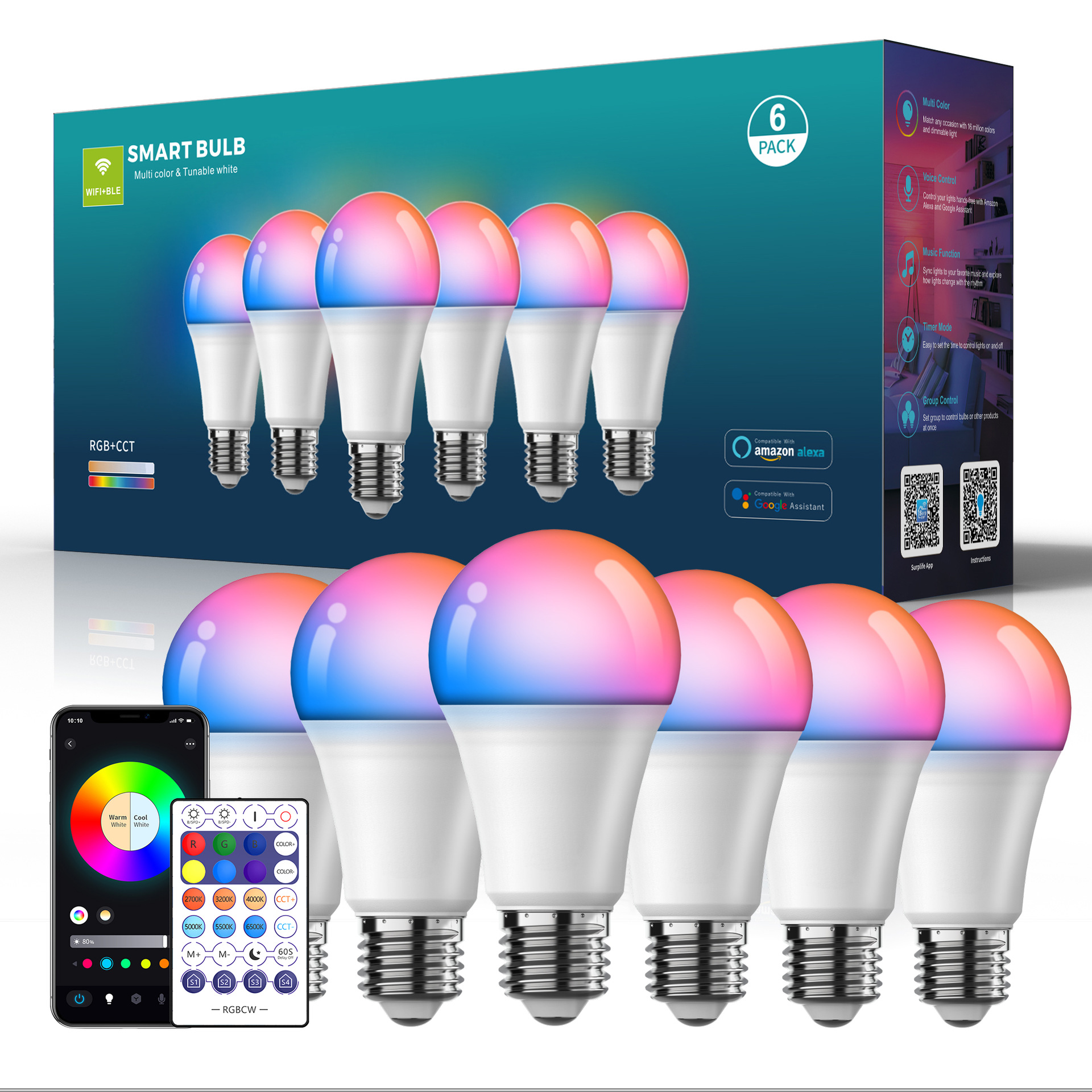 Smart wifi control remoto Bluetooth rgbcw atenuación color Alice música con fuente de luz de pie bombilla bombilla