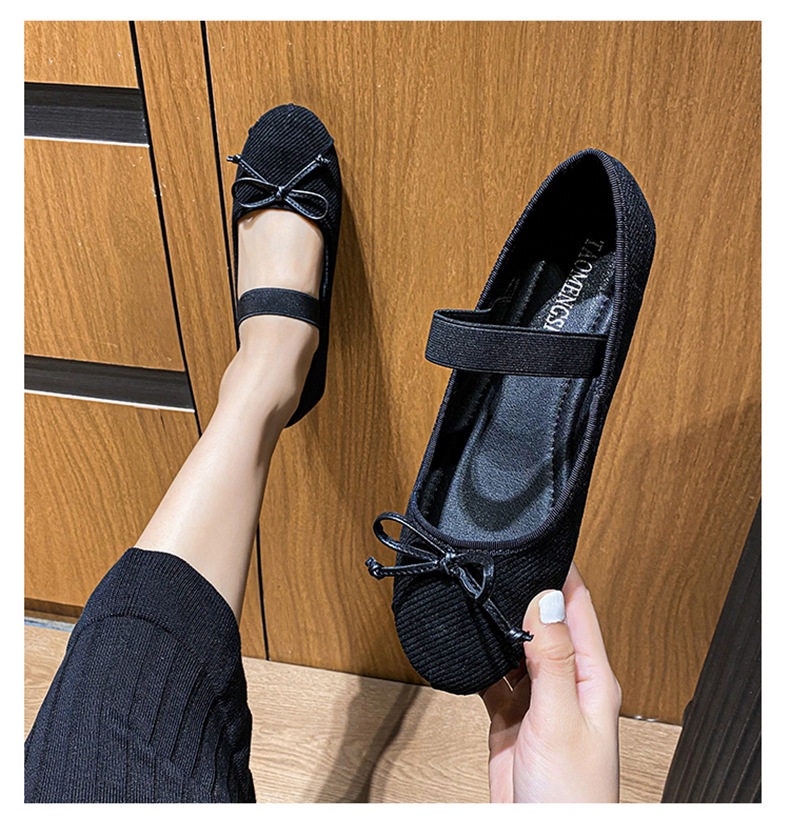 Giày búp bê nữ Mary Jane đế bằng mũi tròn thắt nơ, quai thun co giãn, gót thấp 1–3 cm — Màu nâu, Màu đen chi tiết 15