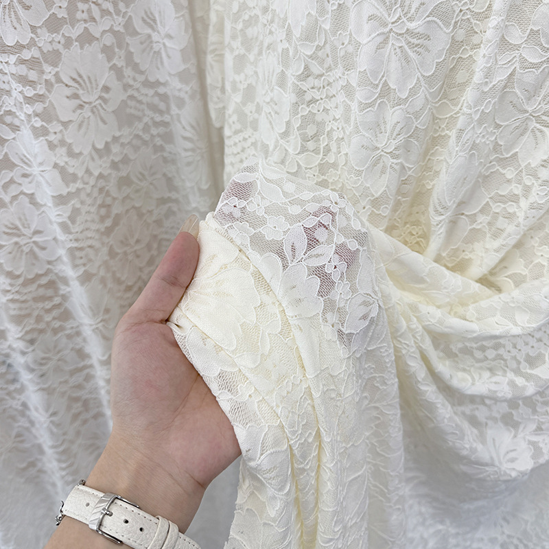 Tejido de encaje elástico de amoniaco primavera-verano chaqueta de encaje hacer ropa vestido de tela larga en stock