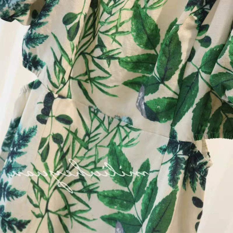 2025 новый летний стиль популярное высококачественное зеленое платье с принтом, пышными рукавами, короткими рукавами, подчеркивающее талию, с легким ароматом, потрясающее платье