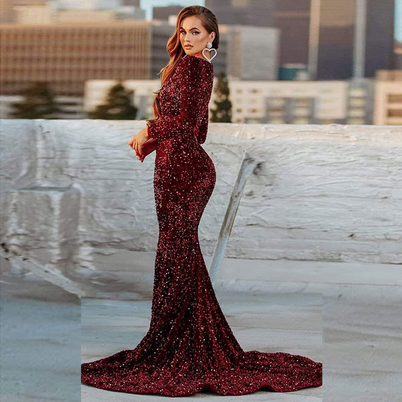 Evening Dress Women Velvet Sequin Fishtail Slit Elegant Gown_voghion.com