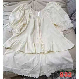 韩国ins女士夏季新品纯色简约睡衣套装法式甜美新款夏季家居服女