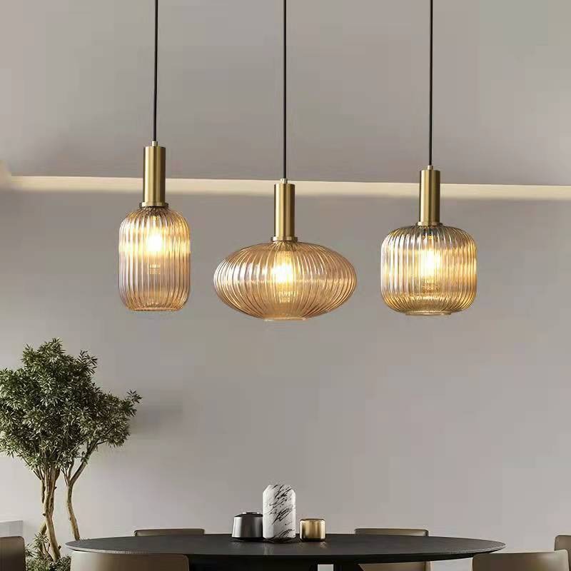 Lámpara colgante nórdica para bar y restaurante, lámpara de noche minimalista, linterna creativa a rayas, lámpara colgante pequeña de cristal retro japonesa de una sola cabeza