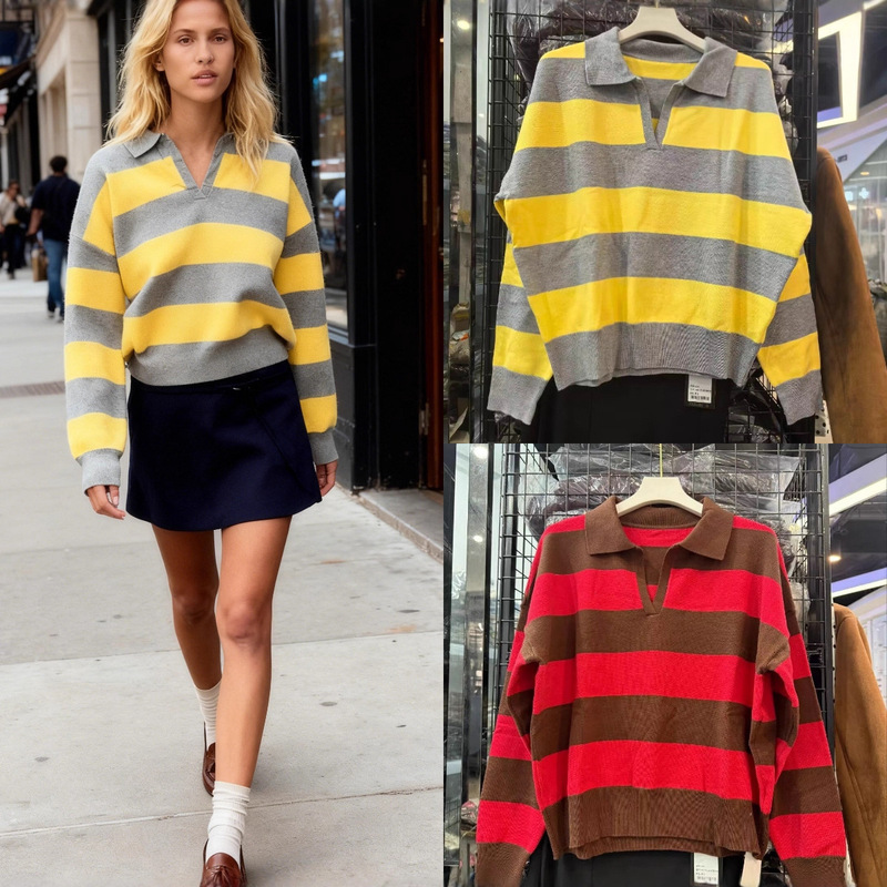 Za Export Cross-Border Spot Wholesale European and American Style Women's Summer Fashion Trendy Stripesd Knitted Polo Shirt