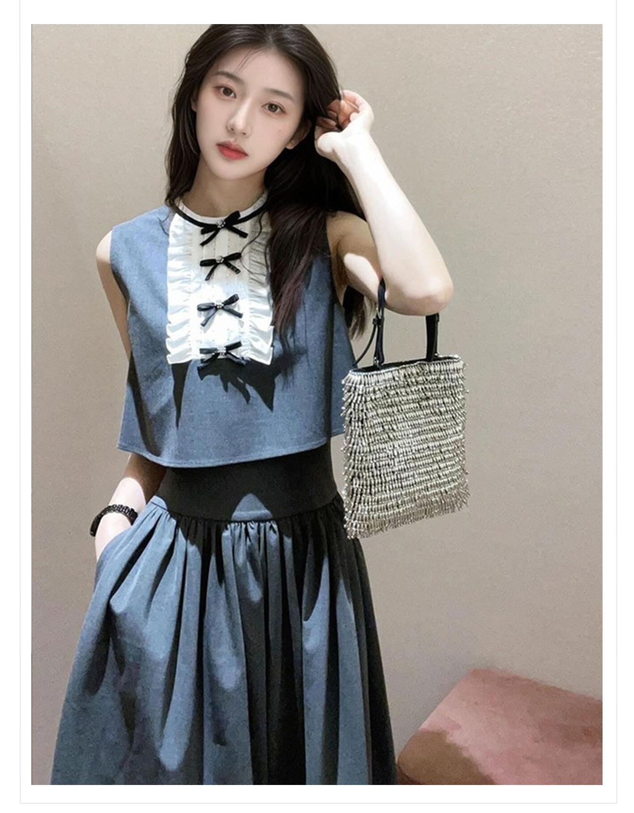 Bộ đầm hai mảnh mùa hè cao cấp áo hai dây ngắn kết hợp váy xếp ly eo rút tôn dáng — Áo ba lỗ, Váy hai dây chi tiết 3