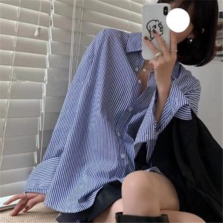2024韩国东大门条纹衬衫女长袖上衣宽松叠穿百搭蓝色条纹衬衣女