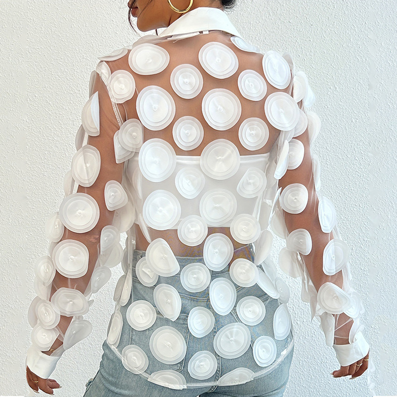 Camicia da donna a maniche lunghe con motivo traforato in rete, elegante, con collo alto, decorazione floreale tridimensionale e bordo incrociato_voghion.com
