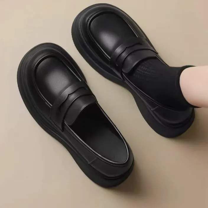 2025 Thick-Soled Loafers New Women's Shoes Height-Increasing Shoes Non-Slip Waterproof British Small Leather Shoes College Style