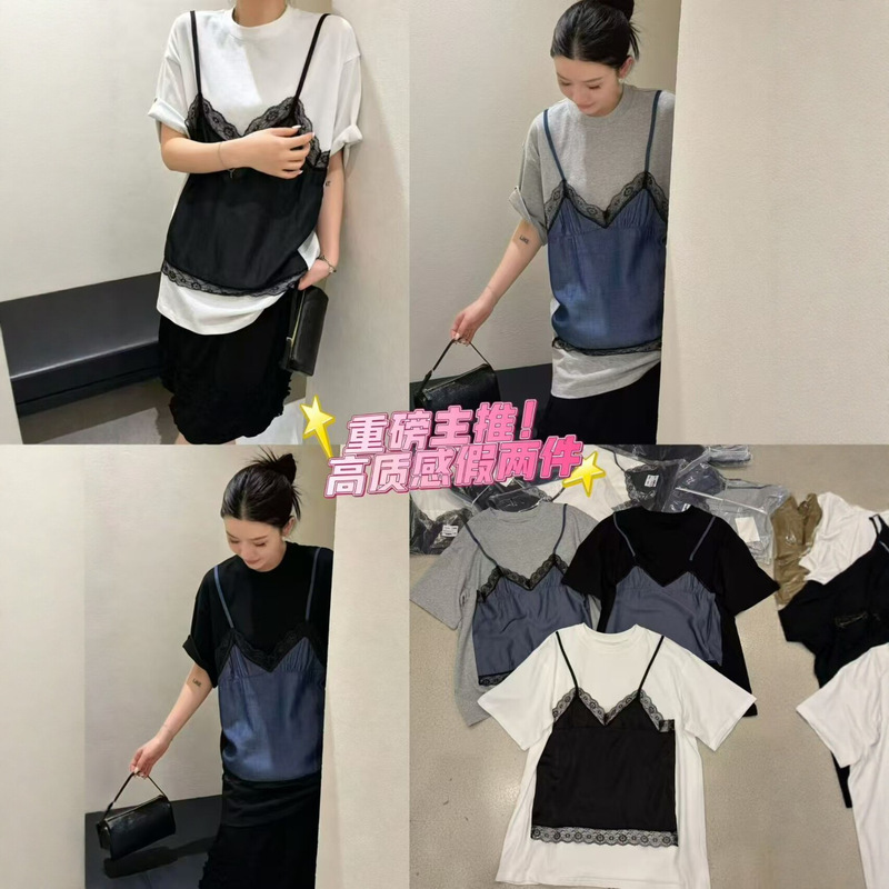 Lace Patchwork Faux Two-Piece Short-Sleeve Shirt European Style 2026 Summer New Versatile Slimming Loose Top Trendy