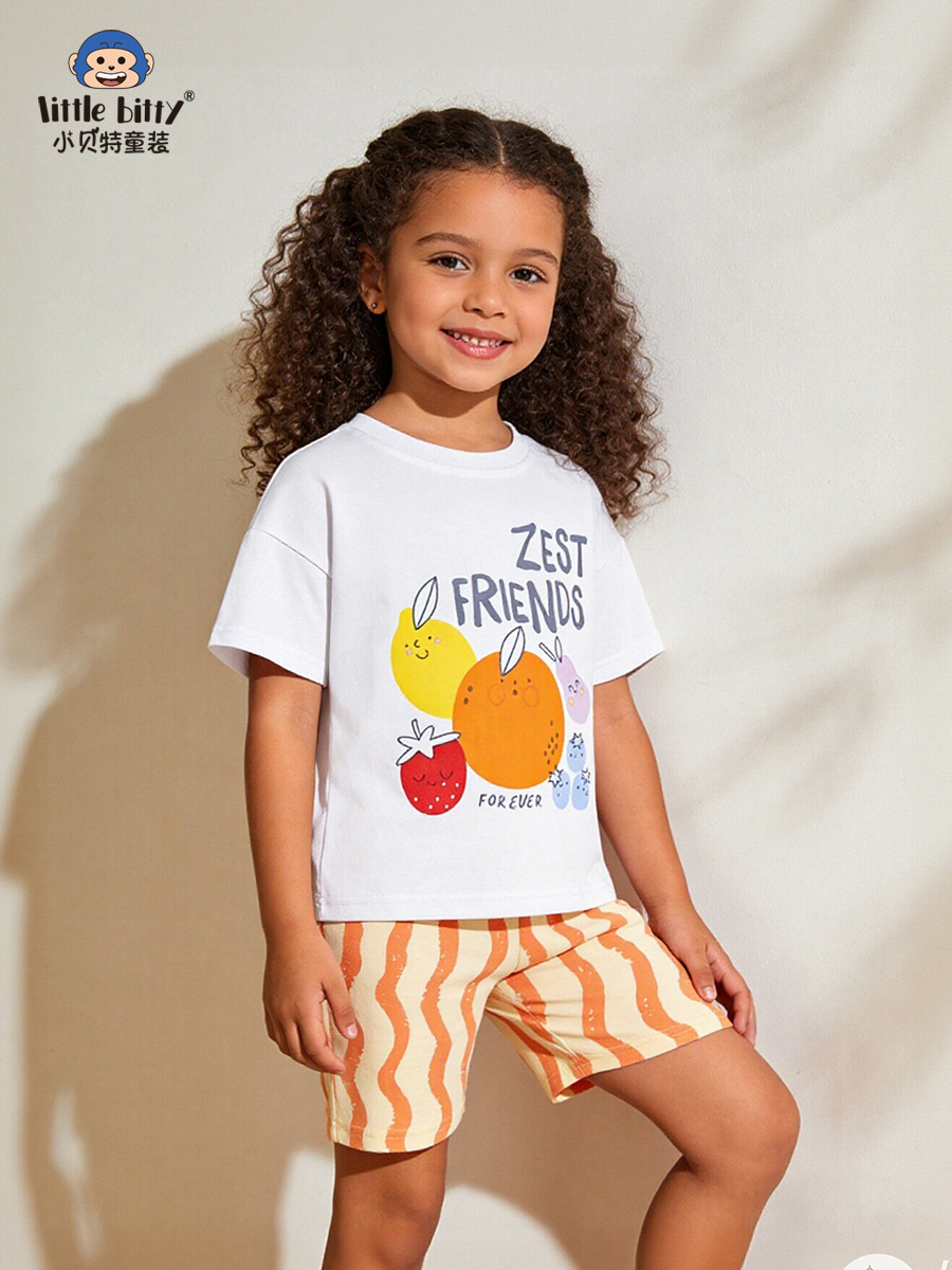 European and American Cross-Border 2026 Spring/Summer Children's Short-Sleeve Set, Fruit Print Round-Neck Girls' Two-Piece Printed Clothing in Stock