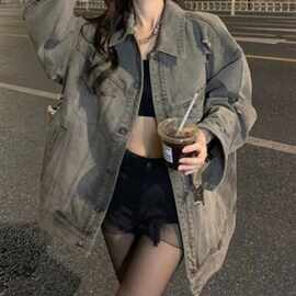 春秋2026新款破洞宽松百搭做旧水洗夹克大码美式复古牛外套女上衣