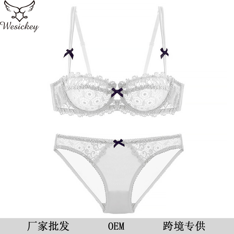 Factory Direct European and American ultra-thin transparent half cup lace bra sexy temptation push up anti-sagging bra set