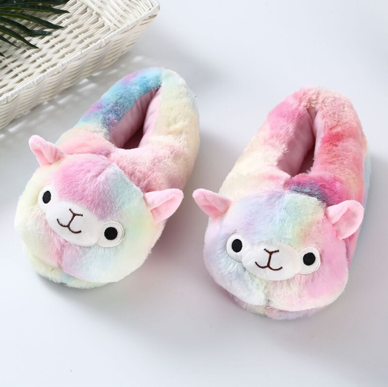Wholesale Cross-Border Alpaca Fur Slippers Tie-Dye Cute Rainbow Thickened Cotton Shoes Warm Home Floor Parent-Child Style