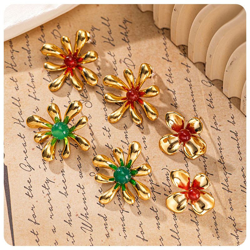 Tina transfronteriza inswind orejetas de acero inoxidable chapado 18K oro sol piedra natural delicada flores de orejetas versátiles