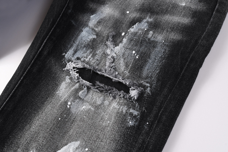 Men's Distressed Slim Fit Jeans Black Grey Washed Denim Pants with Paint Splatter And Knee Rips Streetwear Skinny Trousers_mkmklike.com