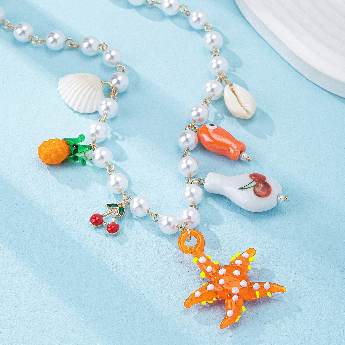 Imitation Pearl, Alloy, ceramics Material Beach Sweet Starfish Heart Shape Fish Imitation Pearl Alloy Ceramics Handmade Chain Lobster Trigger Clasp Closure Pendant Necklaces Wholesale