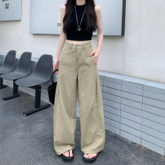 显瘦高腰牛仔裤阔腿宽松女高腰牛仔阔腿裤女垂感卡其色裤子女款秋