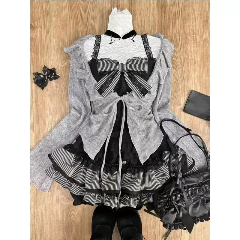 Банду lace cardigan & puff skirt 3-piece set (NUNBAI) — Black, lifting shaping, sizes S–XL