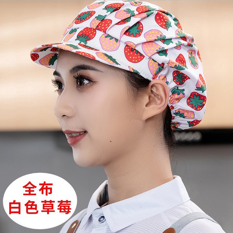 韩版印花食品帽厨师帽女士餐厅食堂做饭花折包头棉餐饮工作帽子