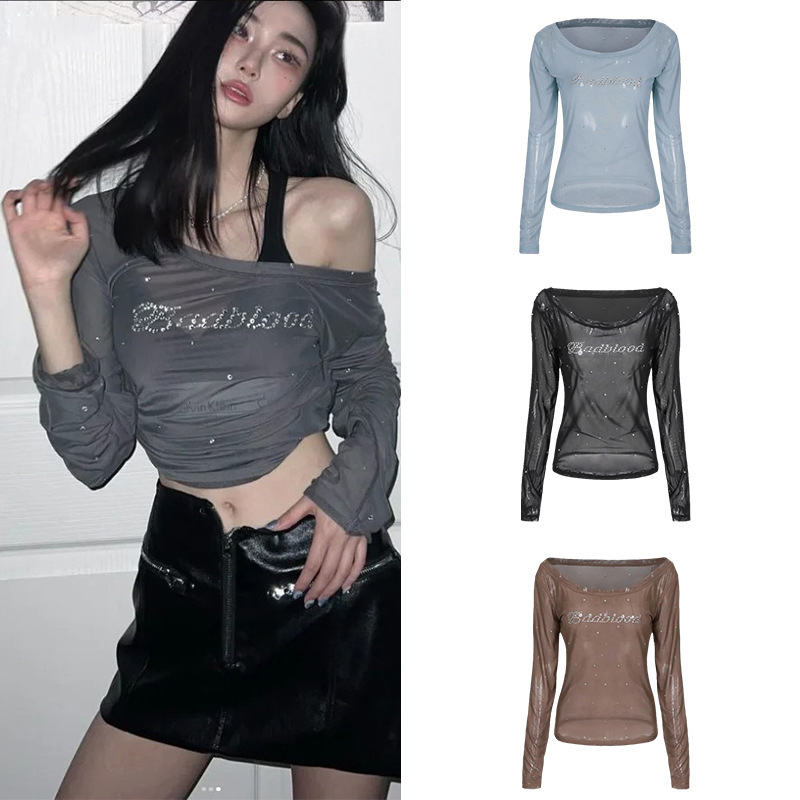 badblood Hot Diamond Tight Letter Base Shirt Top Women's off-shoulder Hot Girl Sexy Slim Long-sleeved T-shirt Summer