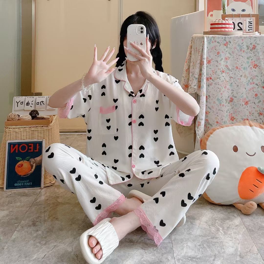 Pijamas de algodón burbuja al por mayor transfronterizos pantalones de manga corta de verano para mujer Cárdigan dulce japonés con traje de ropa para el hogar de encaje