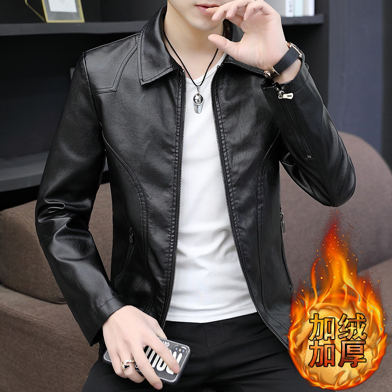 Men's leather jacket 2023 new autumn and winter Korean fashion brand fleece-lined thick warm casual all-match leather jacket