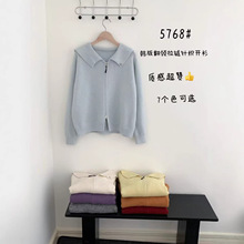 韩系早春新款polo领双拉链设计感厚实针织开衫女简约净色毛衣外套