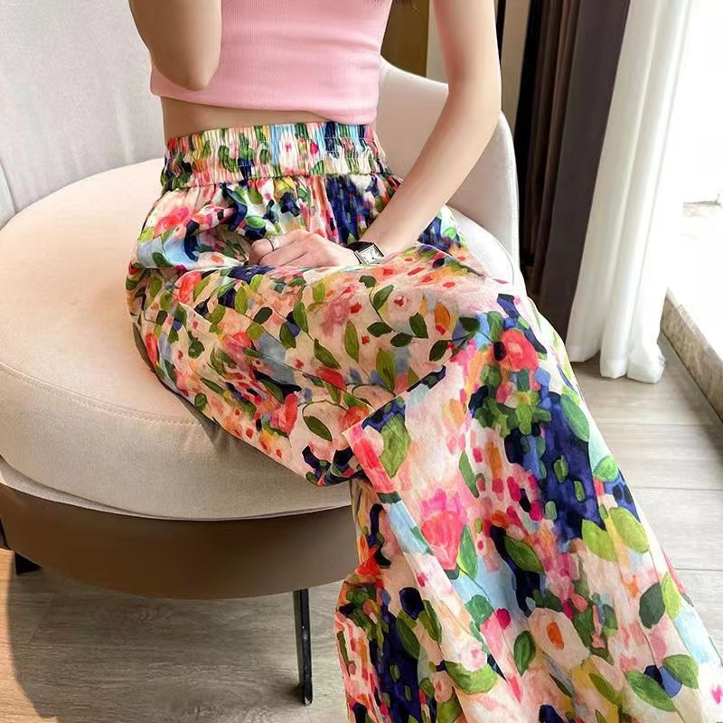 Summer 2024 New Floral Pants High-Waisted Wide-Leg Pants Loose Straight Nine-Point Trendy Seaside Anti-Mosquito Casual Beach Pants