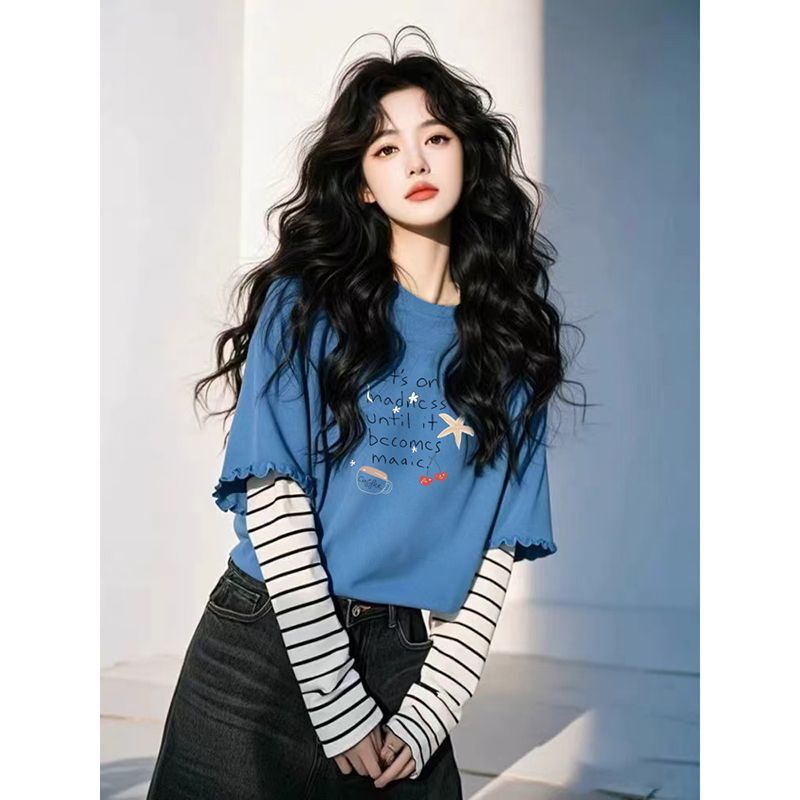 Niche Design Contrasting Color Splicing Fake Two-Piece Long-Sleeved T-Shirt for Women in Autumn and Winter American Retro Loose Slimming Look Top
