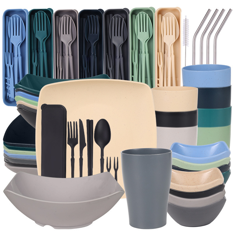 Cross-Border Wheat Straw Square Steak Plate Salad Bowl Drink Straw Cup Knife Fork Spoon Chopsticks Outdoor Tableware Set