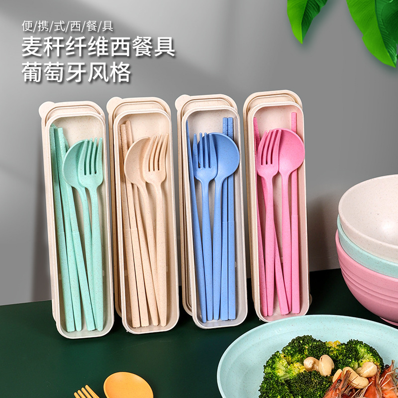 Amazon Wheat Knife Fork Spoon Chopsticks Portable Set Foreign Trade Portugal Portable Wheat Tableware Set ins Style