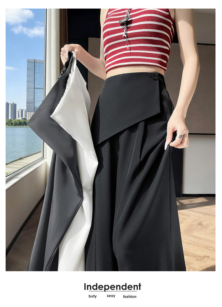 Quần culottes nữ ống rộng phối mảnh giả hai dây, cạp cao tạo dáng thon gọn — Xám kéo dài chi tiết 41