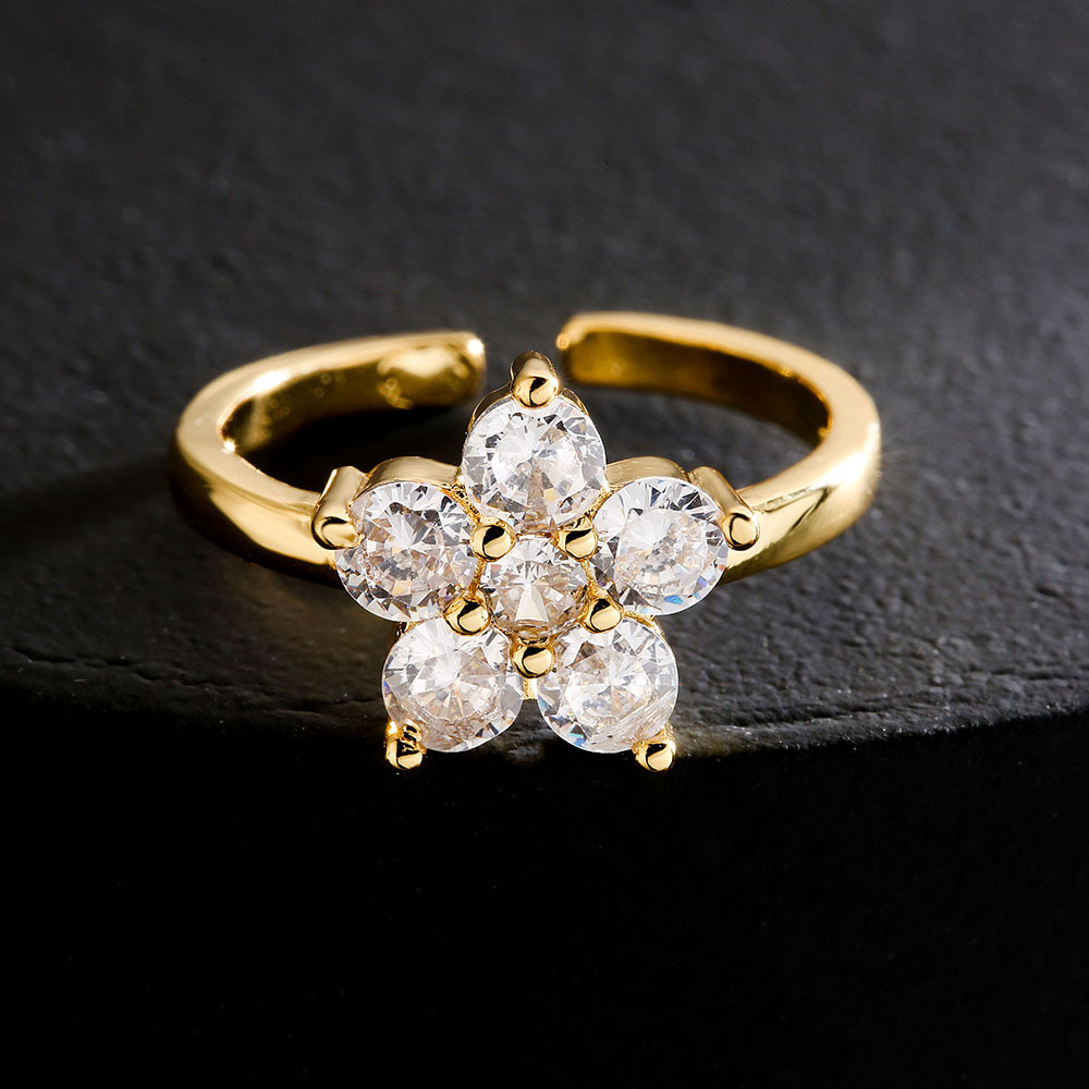 fashion geometric copper 18K gold micro-inlaid zircon flower open ring
