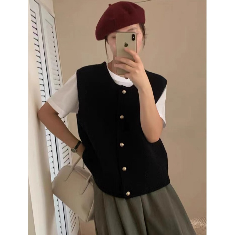 Chaleco Cárdiğan de Punto para Mujer de Cachemira de Punto Cuello Redondo Sin Mangas con Botones para Invierno