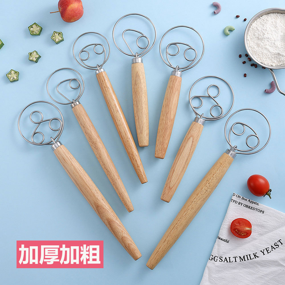 Cross-Border Stainless Steel Flour Coil Mixer Egg Beater Flour Stick and Dough Mixer Wooden Handle Flour Beater Baking Tools