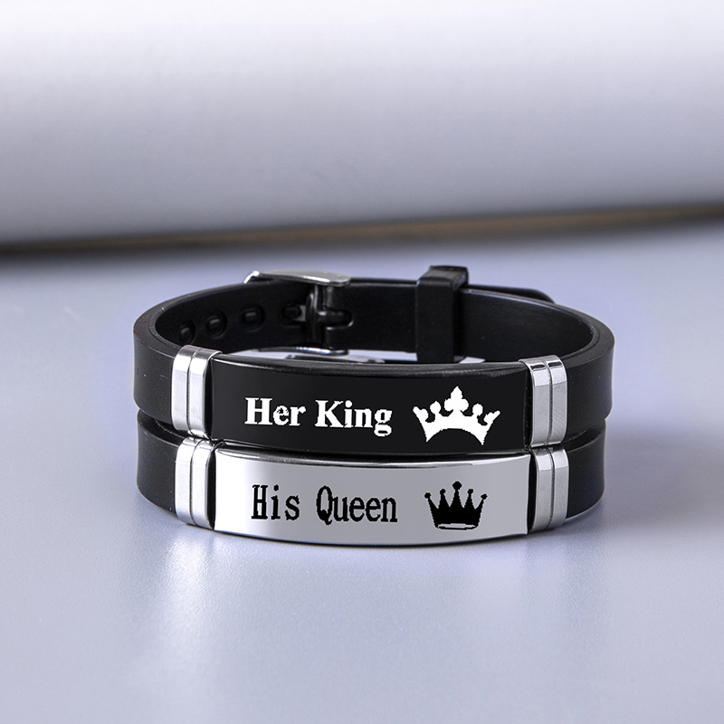 Nueva pareja corona Ker rey Hola reina carta pulsera de silicona de acero inoxidable pulsera de acero negro