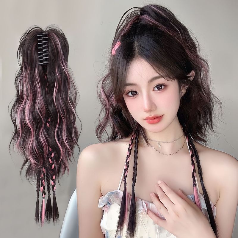 拳击辫假马尾女彩色挑染卷发抓夹瀑布水波纹半扎高马尾假发辫子|undefined