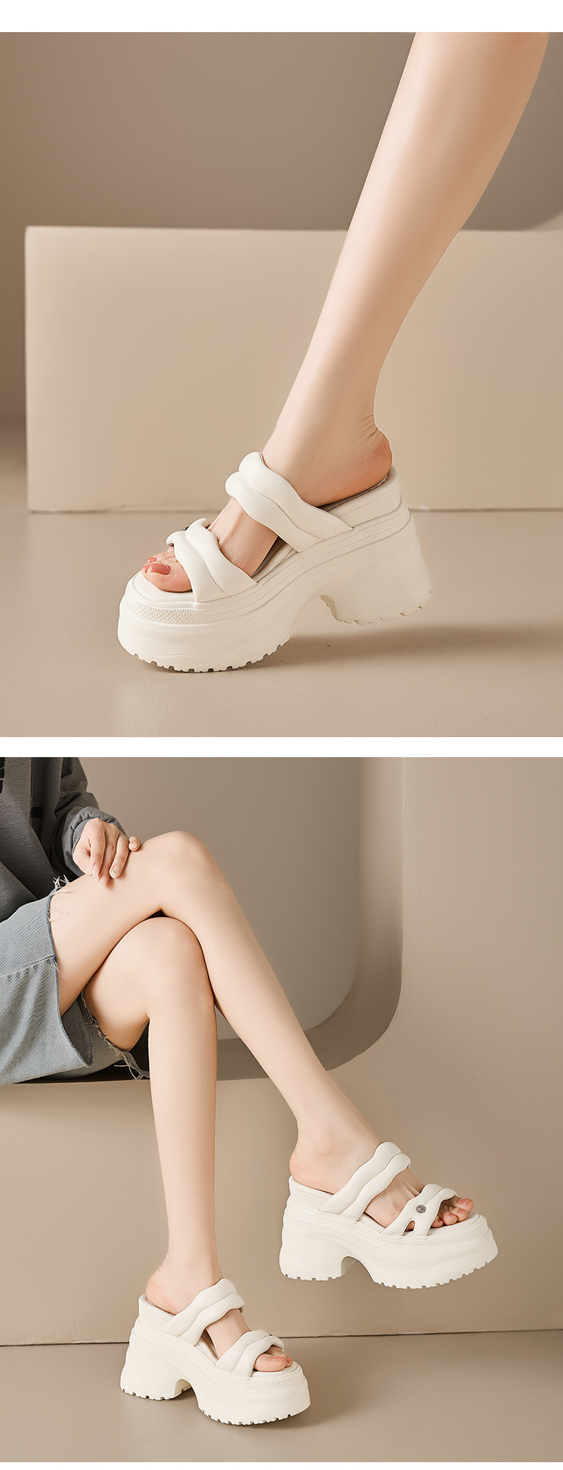 Sandal cao gót nữ đế dày 12cm quai ngang da thật phong cách thể thao — Trắng kem-Da bò, Đen-Da cừu chi tiết 5