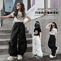 .女童夏季套裝2024新款中大童時尚抽繩短袖洋氣炸街工裝褲套.
